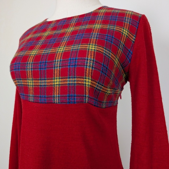Plaid Mini Dress Long Sleeve Short Long Sleeve Holiday Plaid Empire Waist Fit - Picture 6 of 11